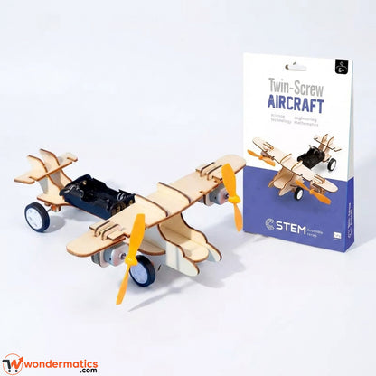 DIY twin-screw aircraft STEM model kit with wooden pieces and dual motors