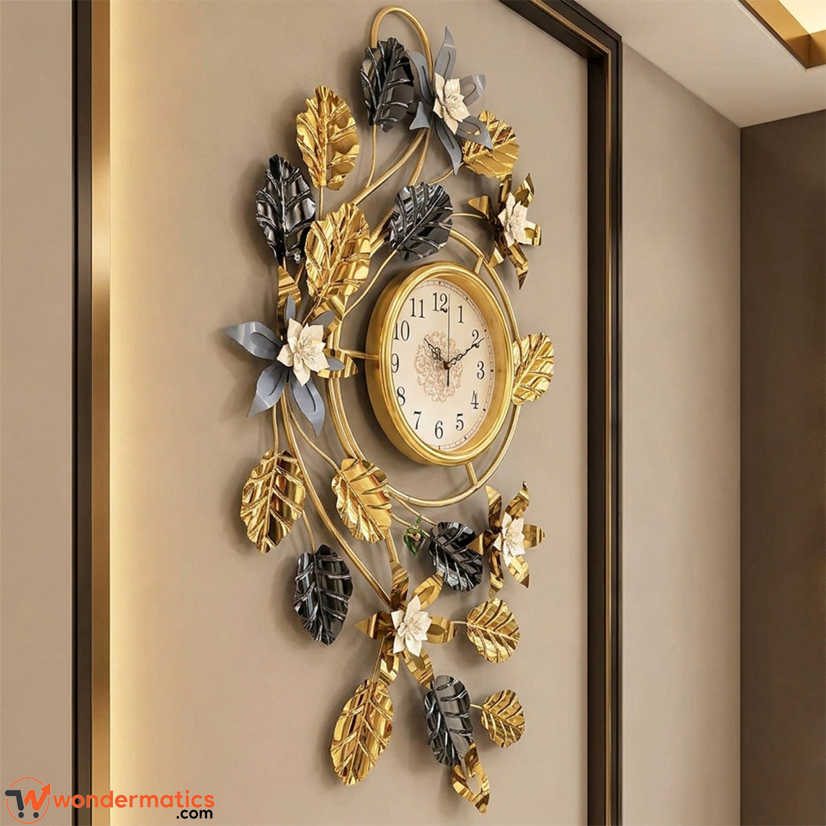 Side angle view showing dimensional metal leaf and blossom design of wall clock