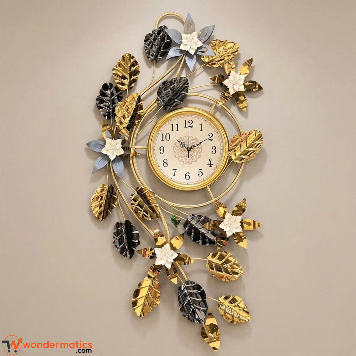 Luxury floral metal wall clock with gold and black-silver leaves and blue-grey blossoms
