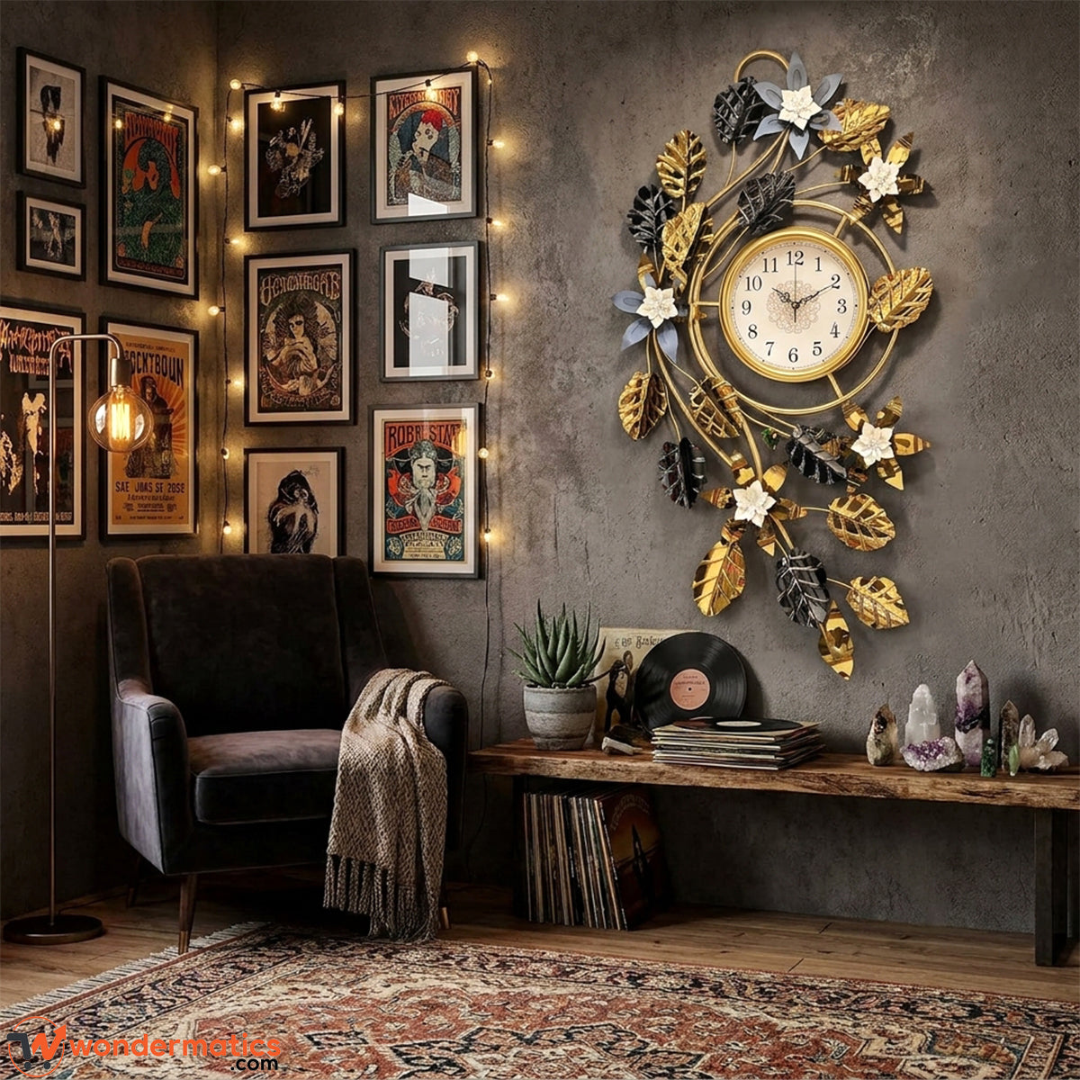 Gold and blue-grey floral wall clock displayed in a modern hallway