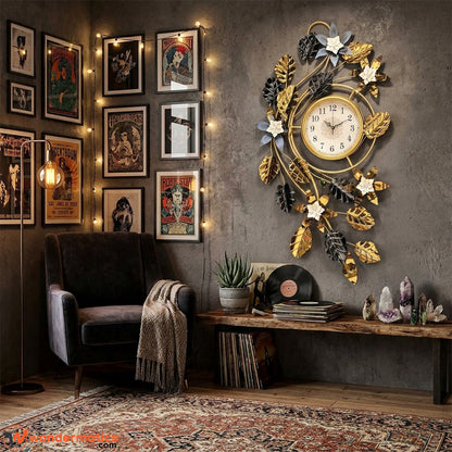 Gold and blue-grey floral wall clock displayed in a modern hallway