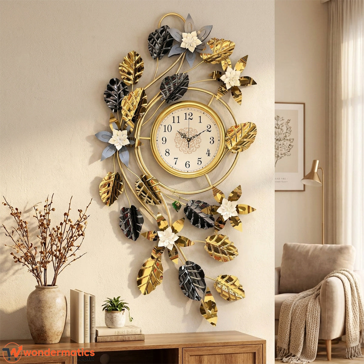 Luxury floral metal wall clock styled above a living room console table