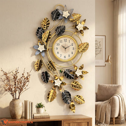 Luxury floral metal wall clock styled above a living room console table