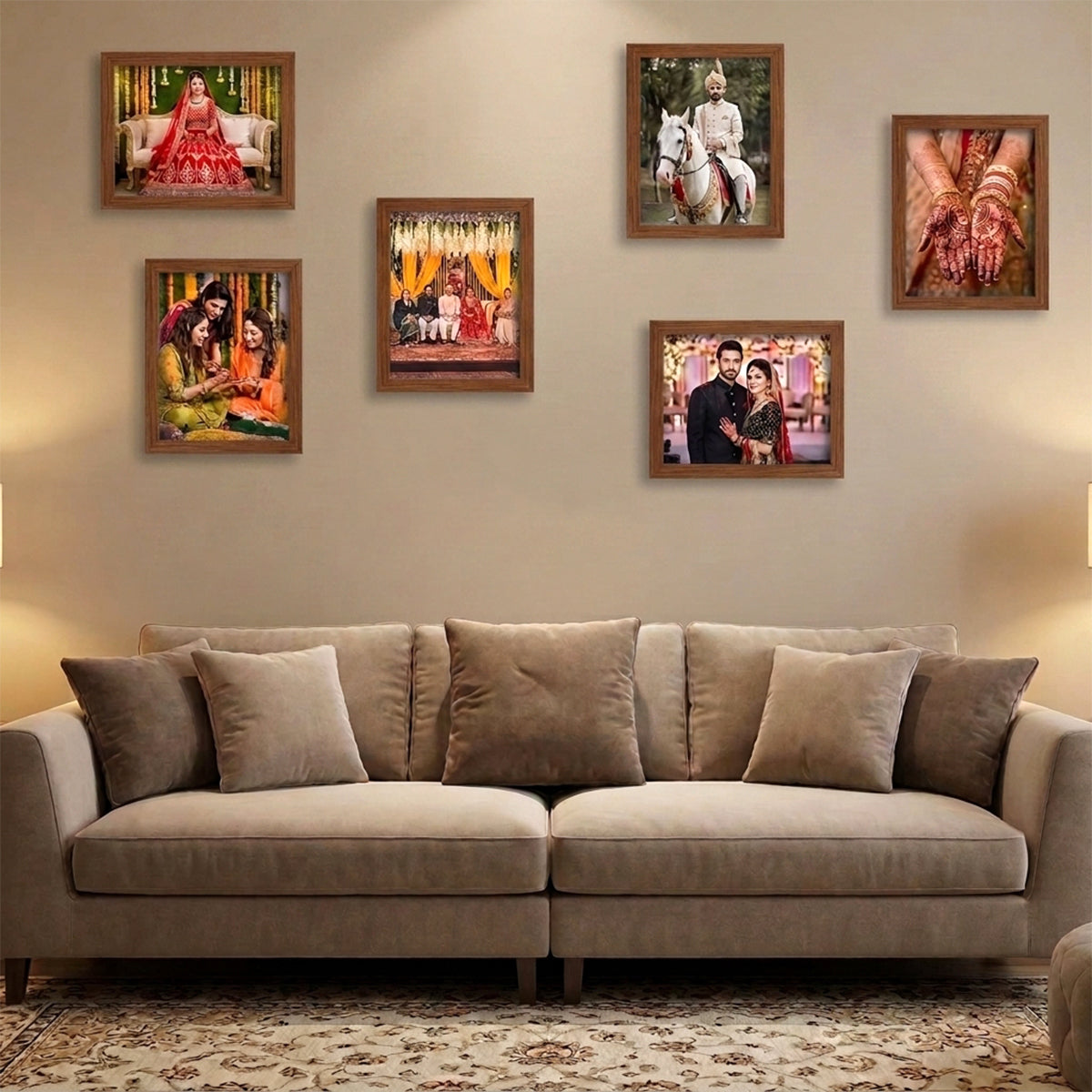 Personalized wooden frame set hung on wall gallery style brown color variant