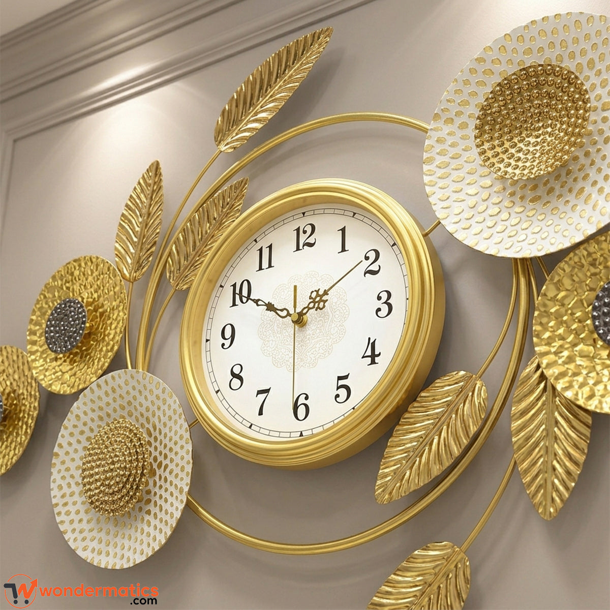Close-up of analog clock face with black Arabic numerals and gold hands