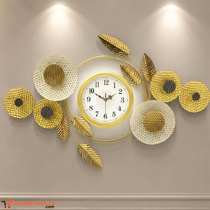 Luxury gold and white decorative wall clock mounted on living room wall