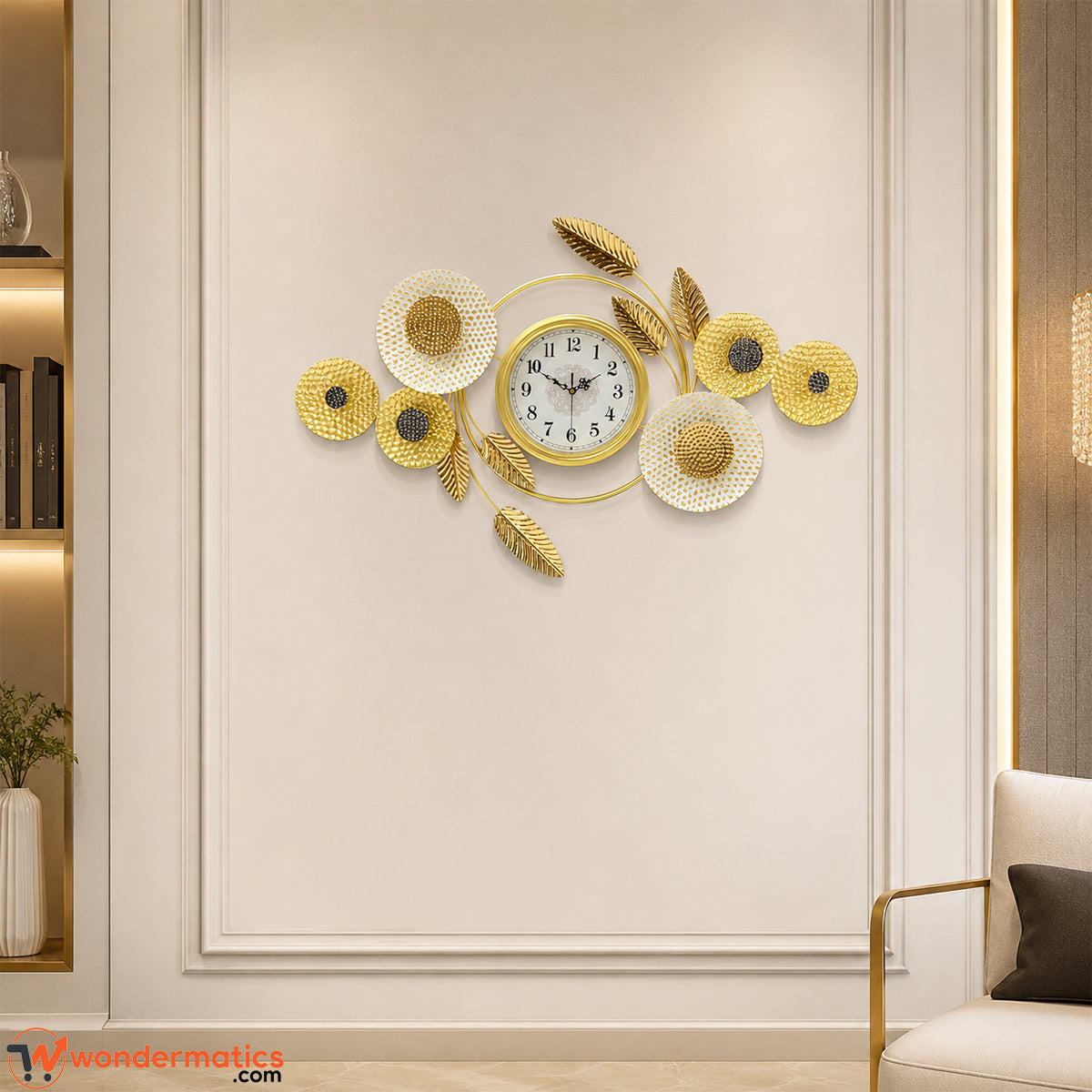 Gold and white wall clock styled above sofa in modern living room