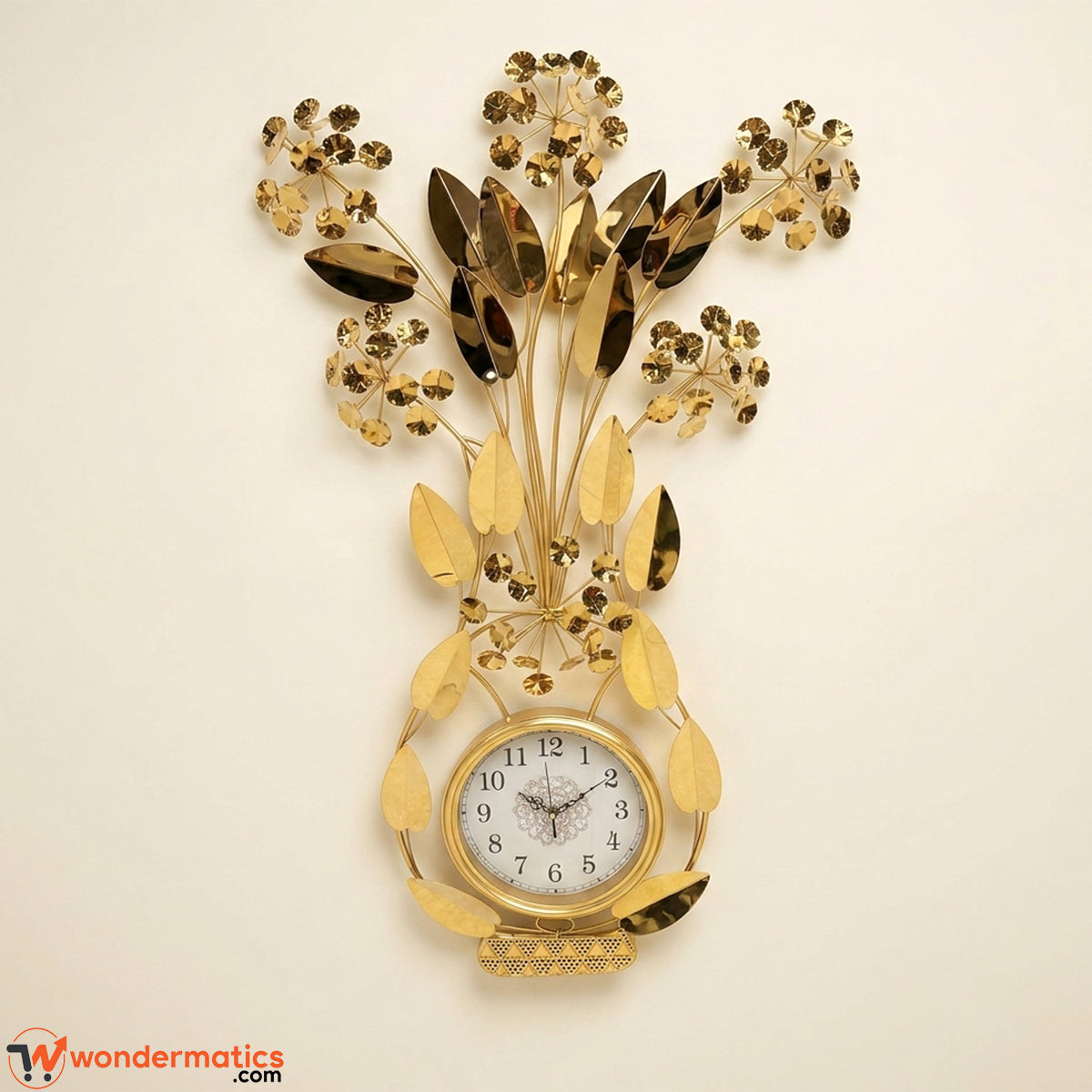 Luxury golden floral metal wall clock with leaf bouquet design mounted on wall