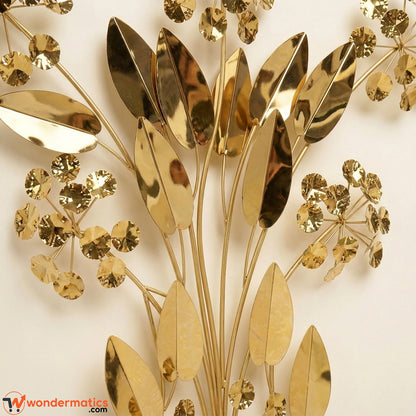 Close-up of electroplated gold leaf and petal texture on metal wall art