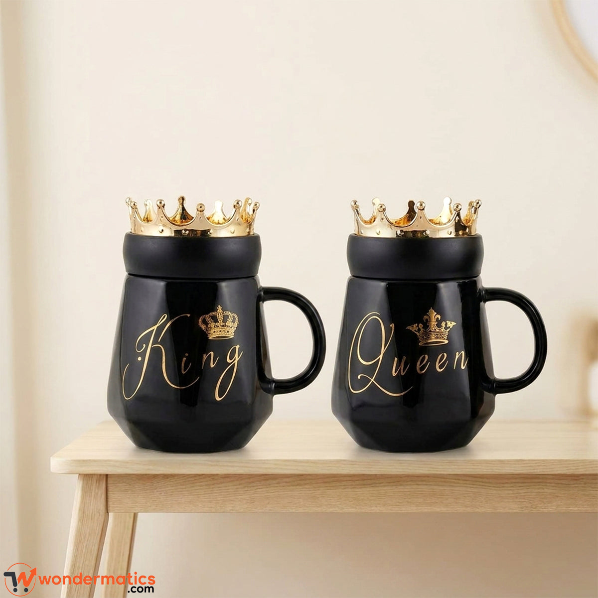 Wondermatics King and Queen black ceramic mug set with golden crown insulated lid on white background