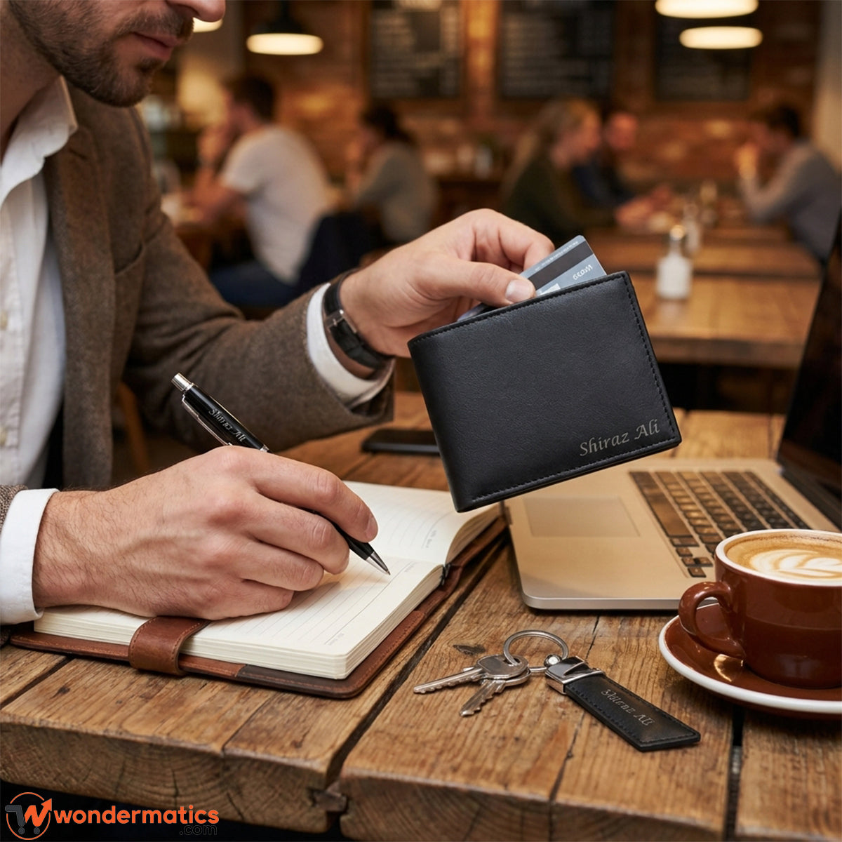 Man holding the black leather wallet to show size and texture