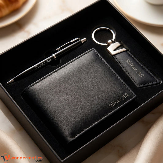 Personalized black genuine leather wallet, keyring and pen gift set on display