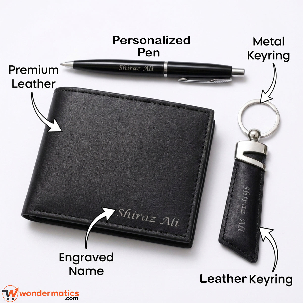 Close-up of personalized initials engraved on black leather wallet