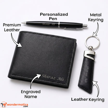 Close-up of personalized initials engraved on black leather wallet