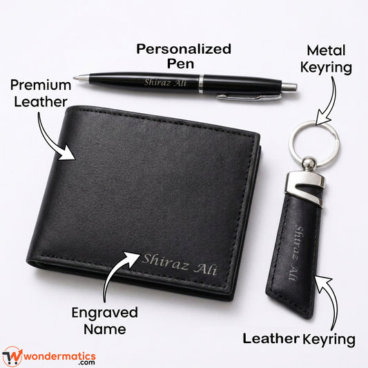 Close-up of personalized initials engraved on black leather wallet