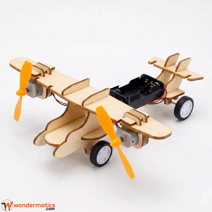 Fully assembled twin-propeller wooden aircraft STEM model