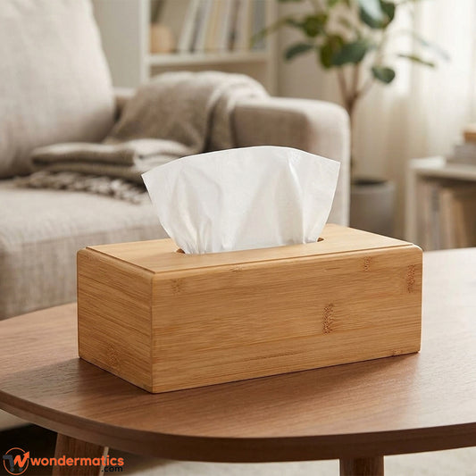 Premium wooden bamboo tissue box holder for home and office use in Pakistan, featuring elegant natural wood design and modern decor style.