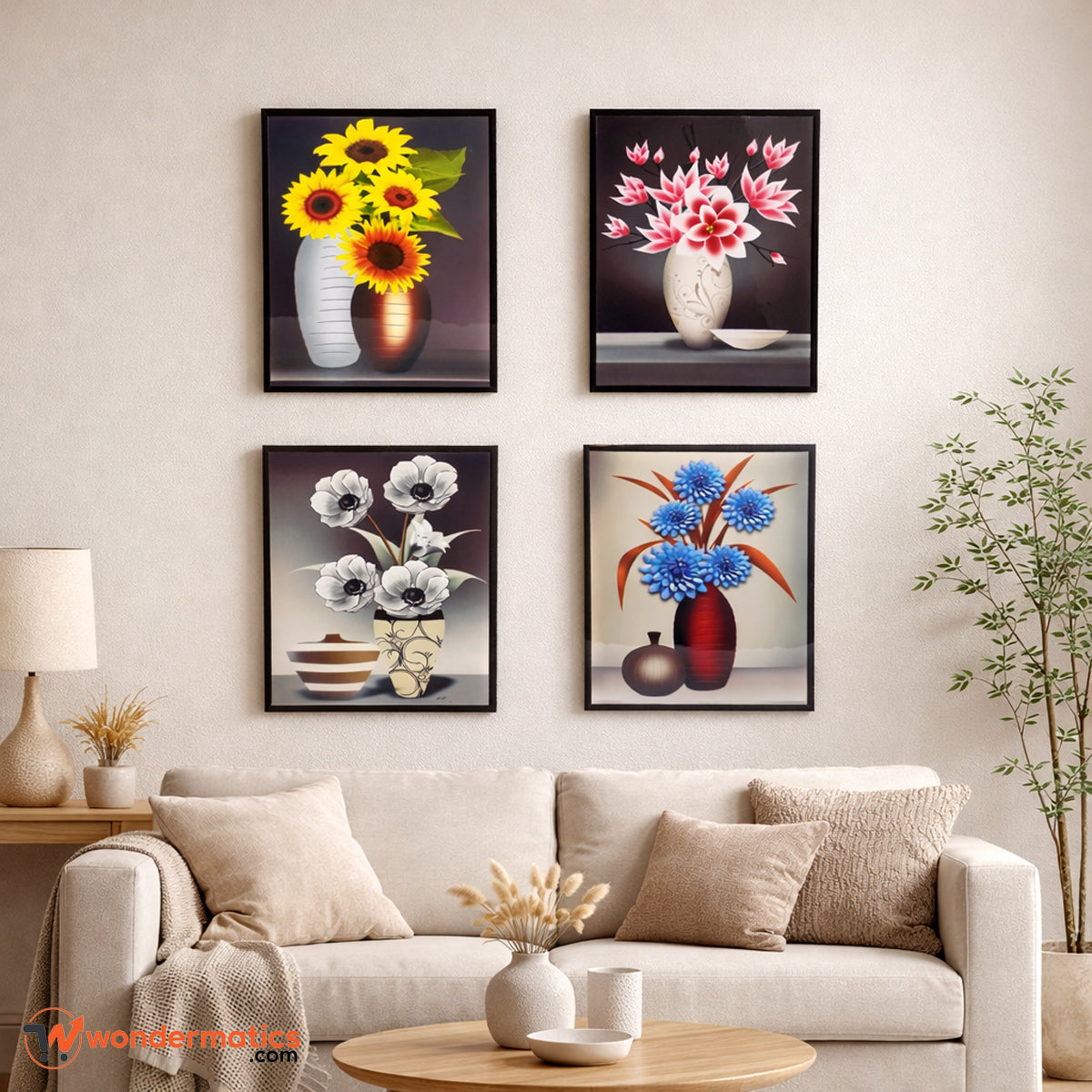 Elegant wooden wall frame set of 4 with floral digital prints for stylish home décor