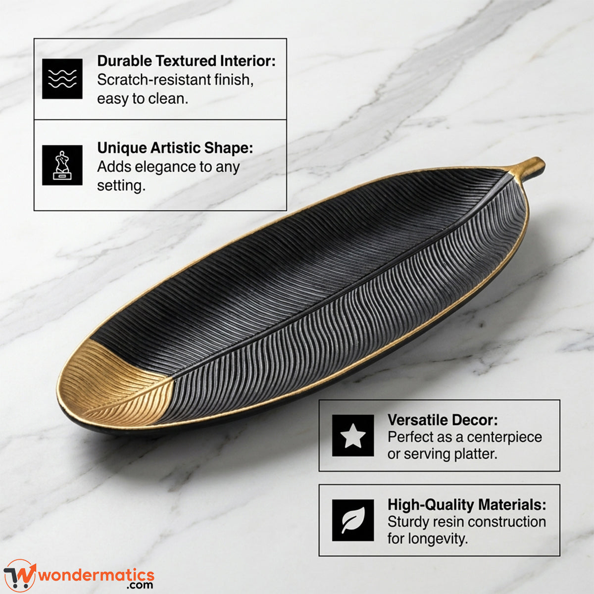 Infographic highlighting decorative uses of the wooden leaf shape tray