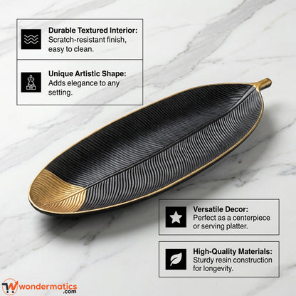 Infographic highlighting decorative uses of the wooden leaf shape tray
