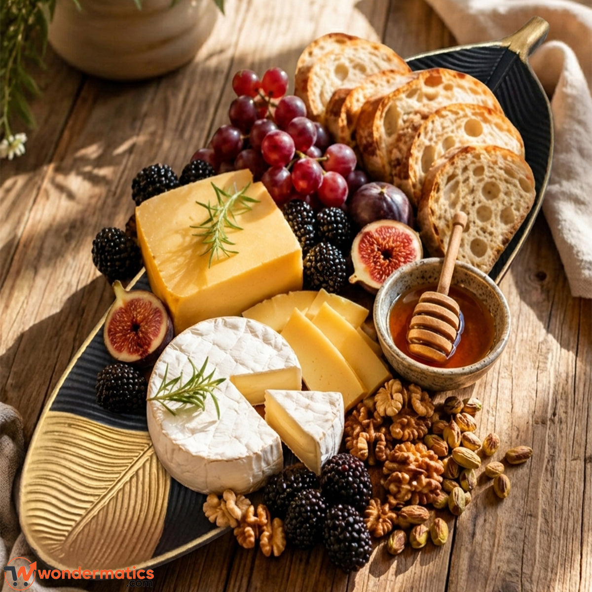 Wooden leaf tray showing black base with gold edge finish combination for serving snacks