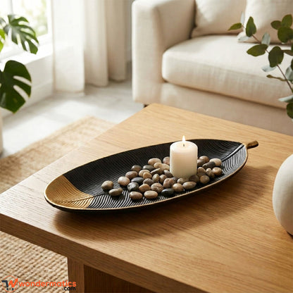 Wooden leaf tray dimension reference showing 14 inch length and 4 inch width for home decor