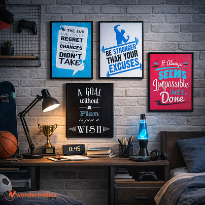 Set of 4 wooden motivational frames with digital prints for wall decor