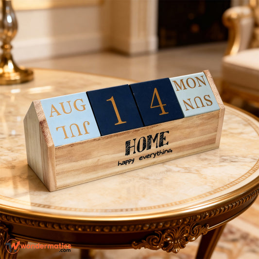Wooden perpetual desk calendar in antique wood finish with rotating blocks
