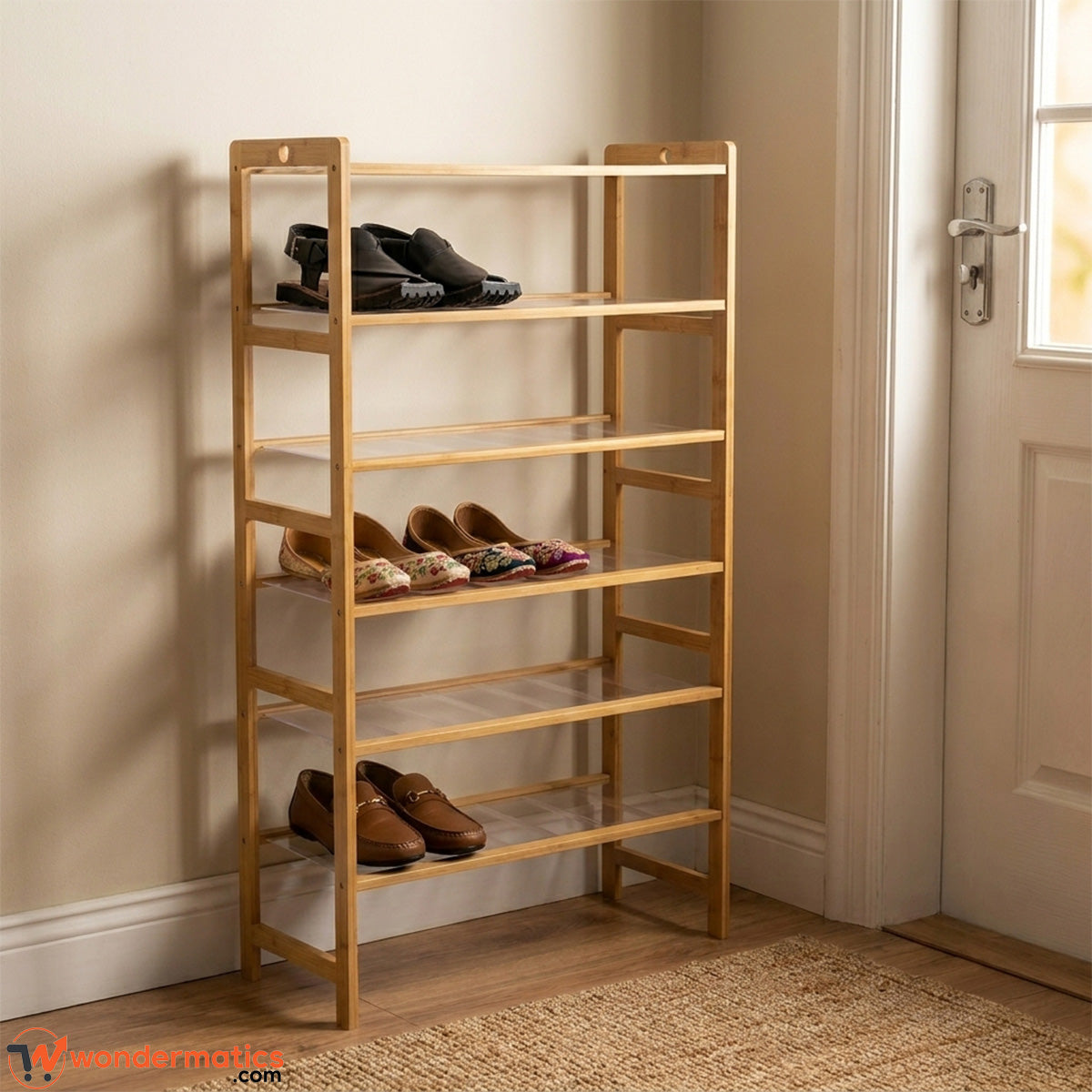 5 layer wooden shoe rack made of durable bamboo wood for entryway storage