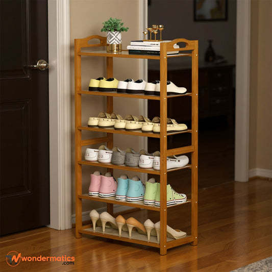 6 layer wooden shoe rack made of durable bamboo wood for entryway storage