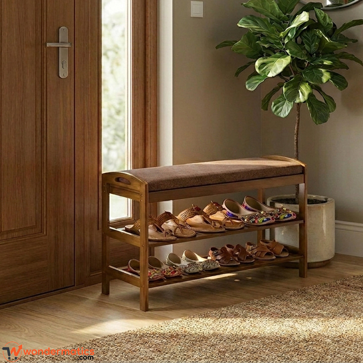 Wooden shoe rack bench with soft cushioned seat and multi-tier storage shelves for organizing shoes, slippers and sandals in home entryways and hallways.