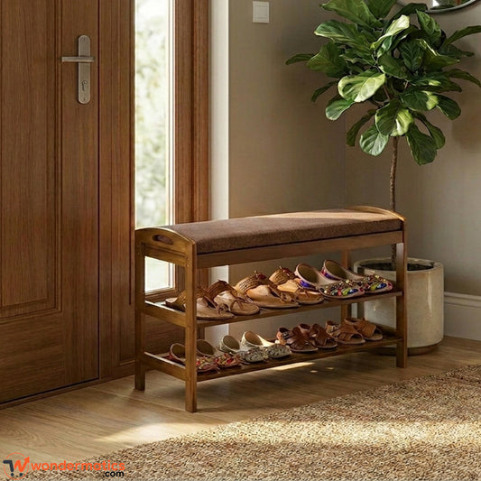 Wooden shoe rack bench with soft cushioned seat and multi-tier storage shelves for organizing shoes, slippers and sandals in home entryways and hallways.