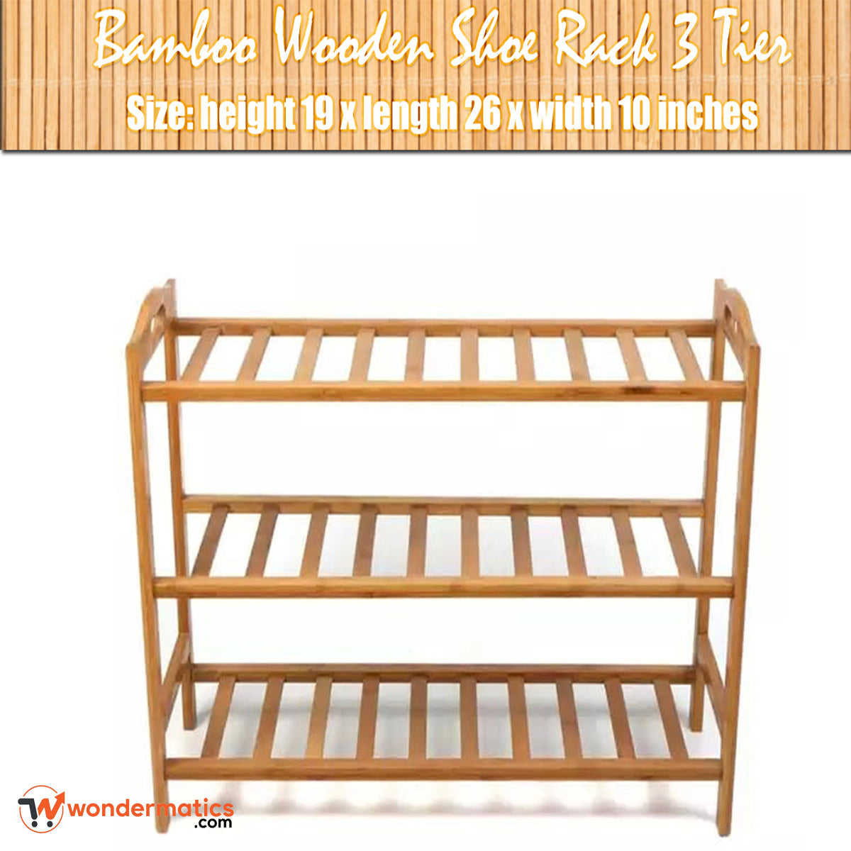 Three-tier bamboo wooden shoe rack with dimensions for indoor and outdoor use